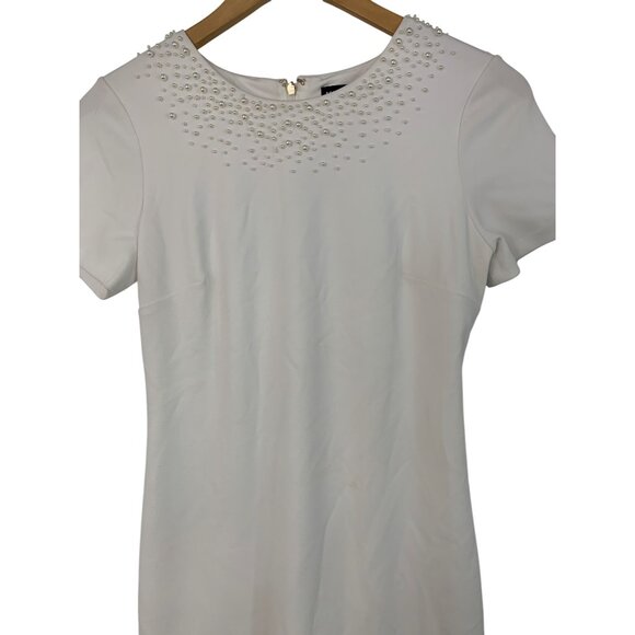 Size 0 Karl Lagerfeld Paris White Pearl Short Sleeve Sheath Dress NWOT Stretch - Picture 2 of 8